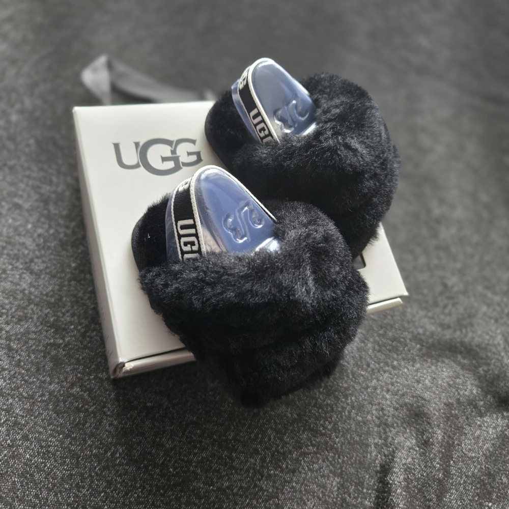 UGG Black Fuzzy Baby Slides